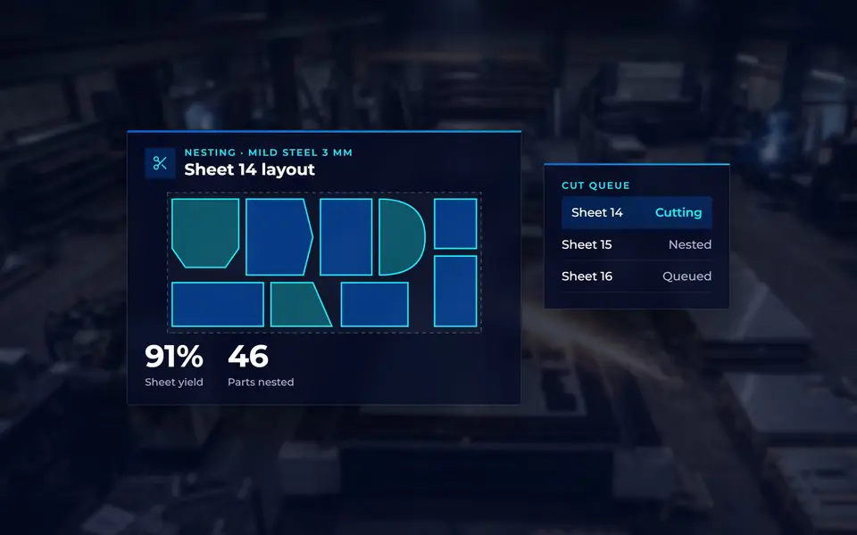 Nesting software packing parts onto a steel sheet for the cutting floor, with sheet yield and the cut queue
