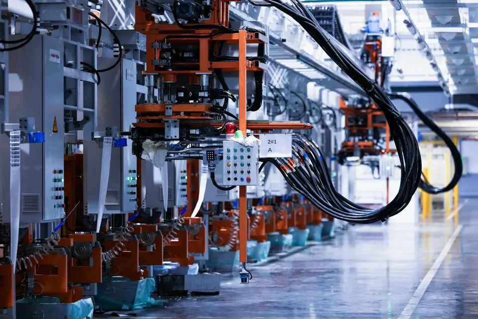 Automated production line with robotic equipment in a factory