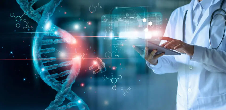 Doctor using a tablet beside a DNA model, representing personalized medication
