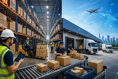 Warehouse racks and conveyor feeding a loading dock where delivery trucks are dispatched