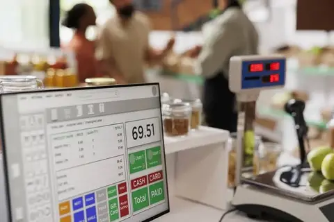 Point-of-sale screen at a store checkout with the order total and payment options
