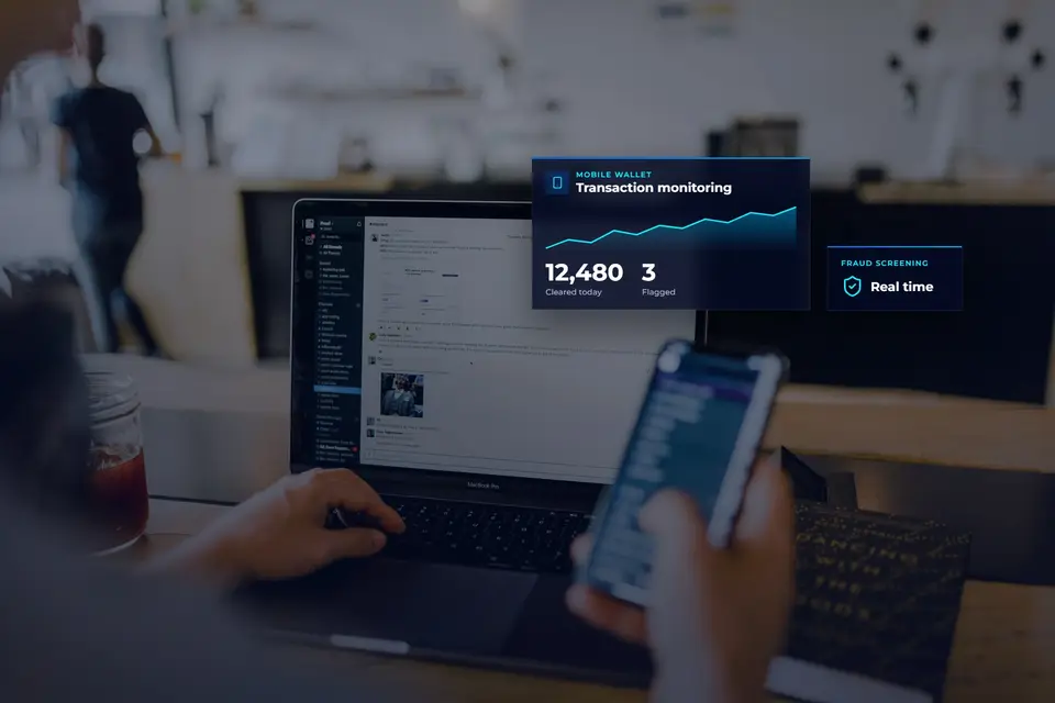 Mobile wallet payment with a real-time transaction monitoring and fraud screening panel
