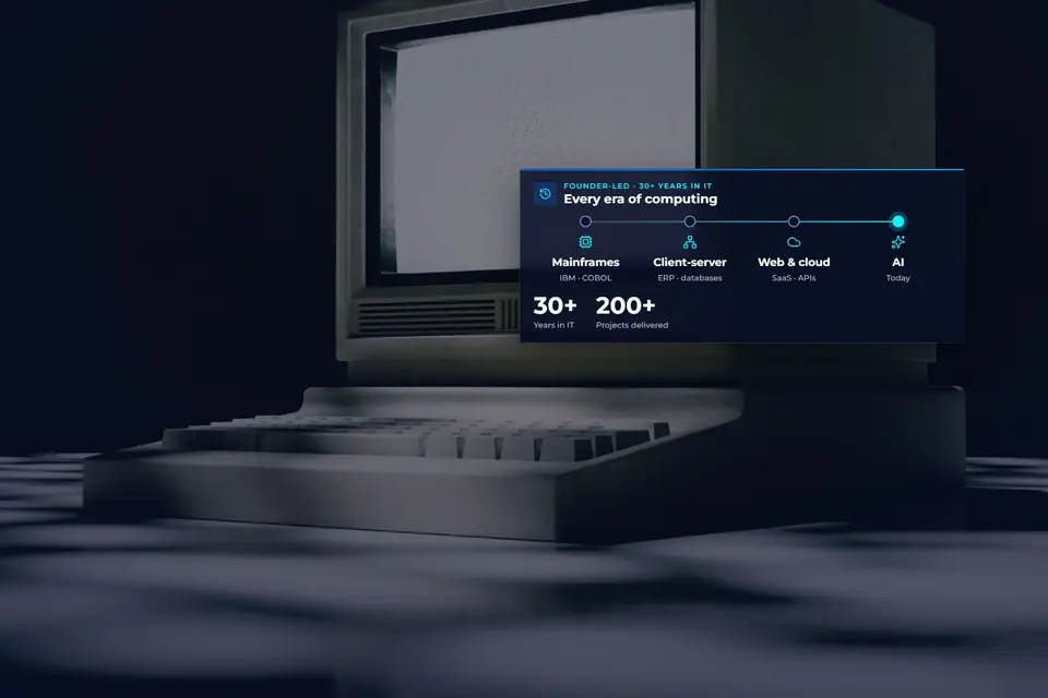 A timeline of more than 30 years in IT: mainframes and COBOL, client-server, web and cloud, and AI today
