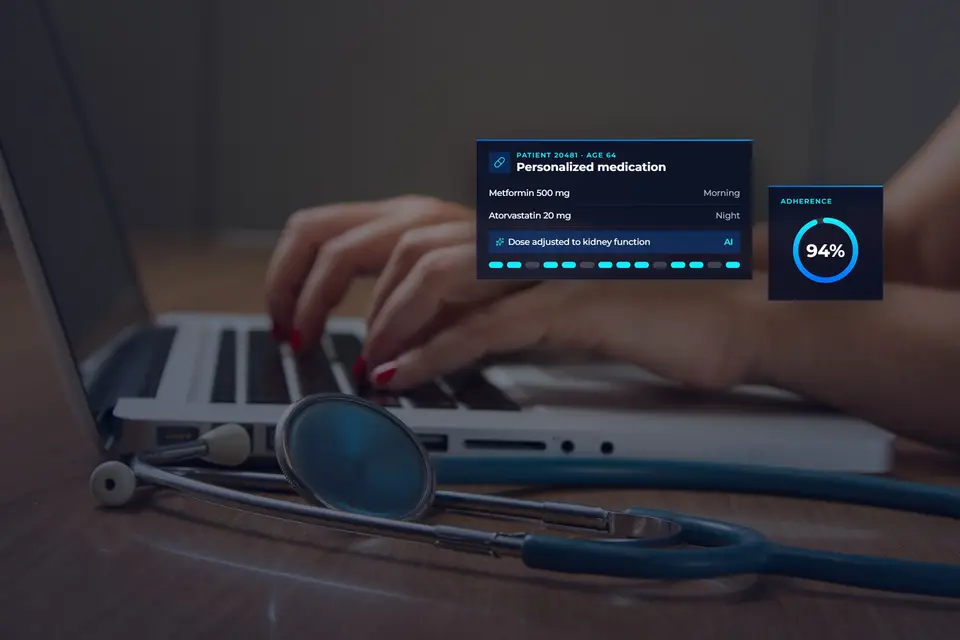 Clinician at a laptop with a personalized medication plan adjusted to the patient's profile