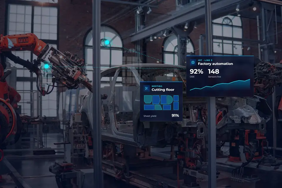 Robotic production line with IoT sensors feeding a live factory automation dashboard, and a nesting layout for the cutting floor